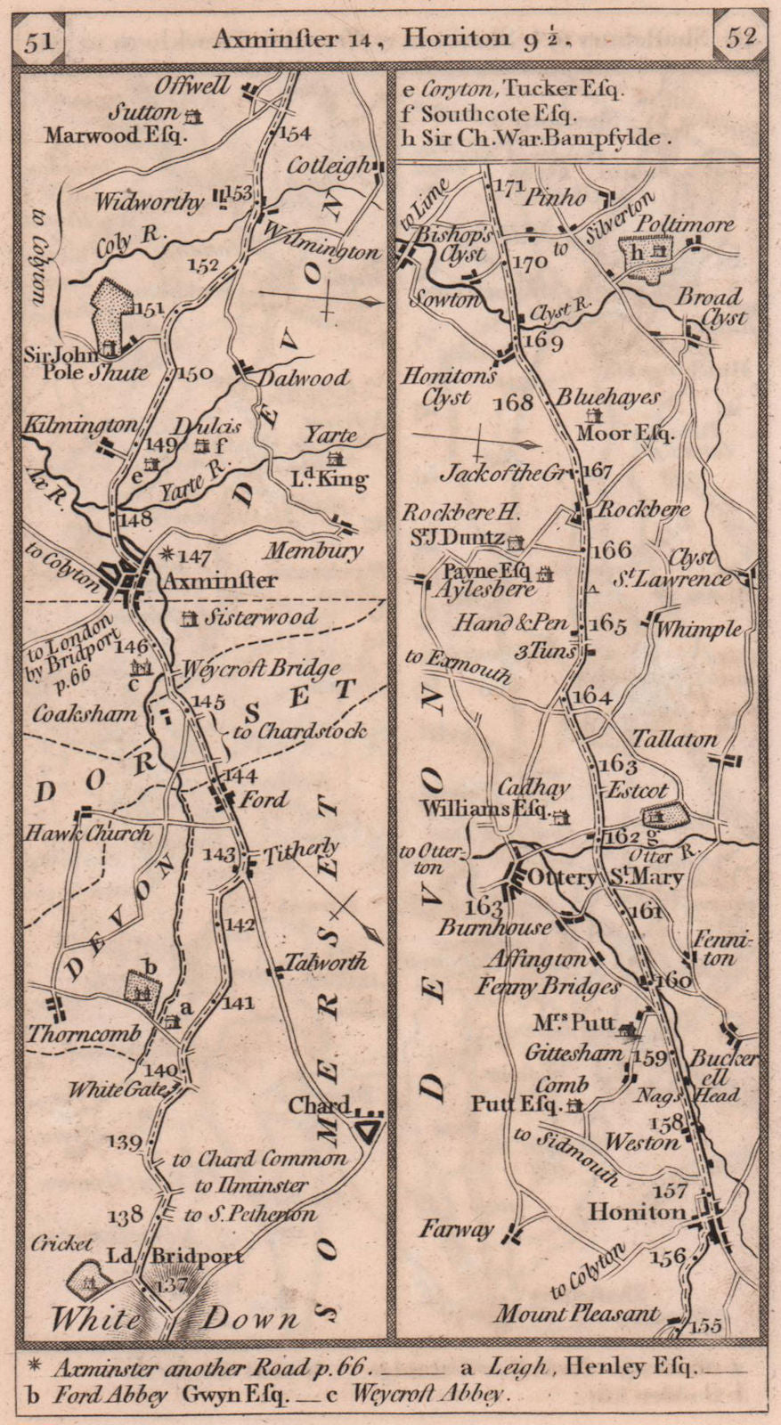 Chard-Axminster-Honiton-Ottery/Clyst St. Mary road strip map PATERSON 1803